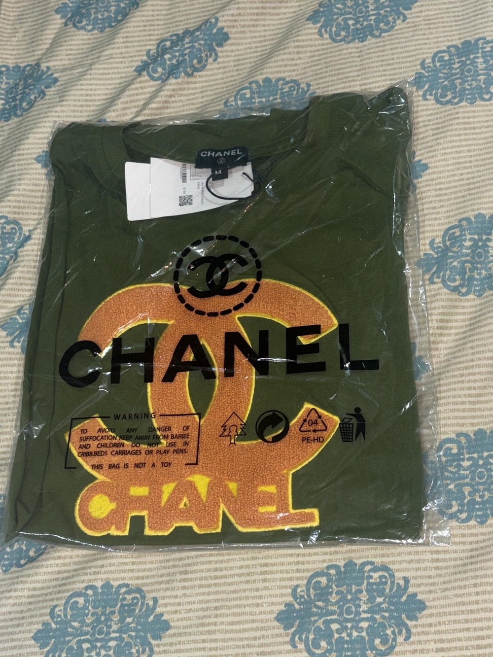 CHANEL Olive Green Short Sleeve Tee with Gold Logo - Picture 1 of 2